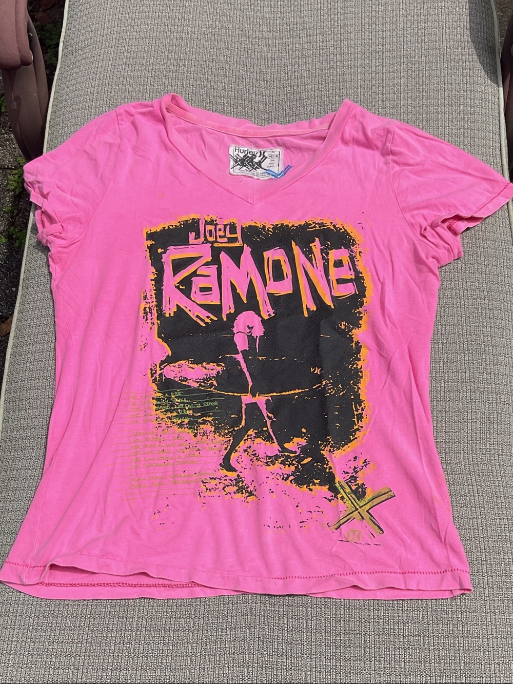 Hurley Pink V-Neck Graphic Tee with Black & Yellow Print